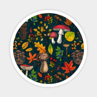 Autumn mushrooms, leaves, nuts and berries on dark blue Magnet